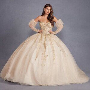 NEW FORMAL STRAPLESS MAXI QUINCEANERA GOWN W/ REMOVABLE PUFF SLEEVES JT1465H